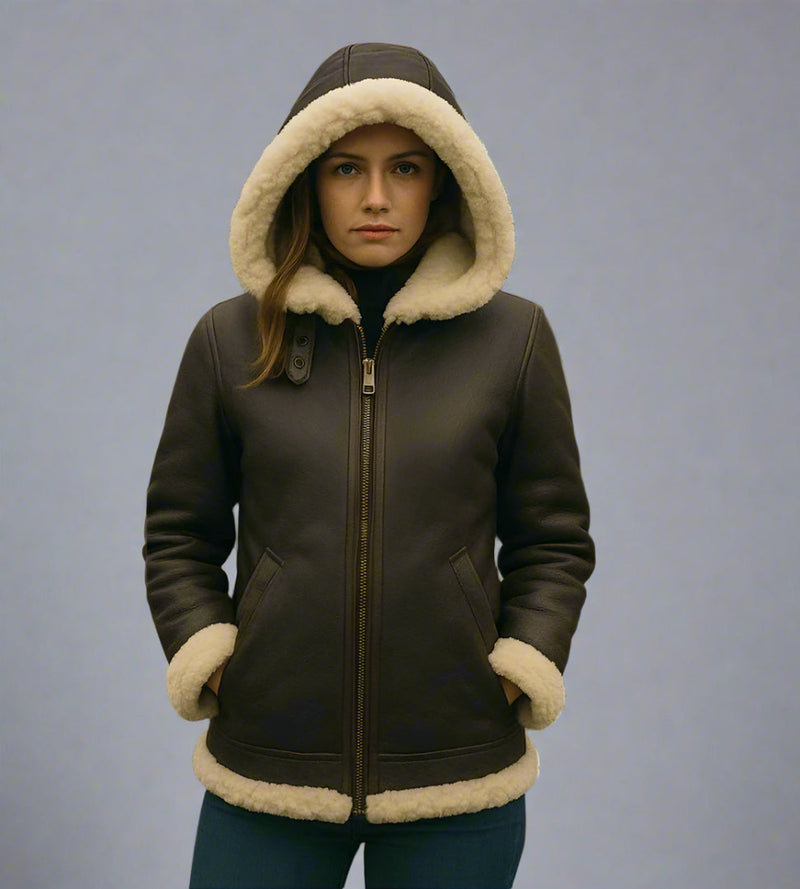 Sheepskin Women's B3 Bomber Jacket with Hood