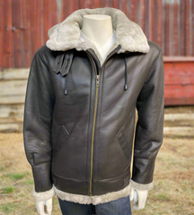 men's shearling jacket in backyard setting