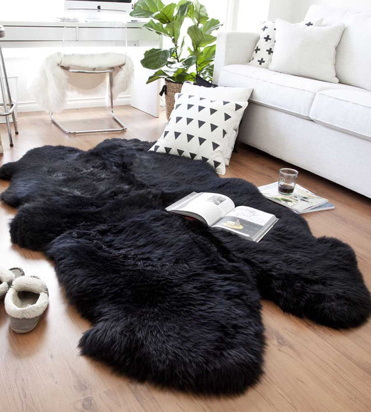 Quad BLACK Sheepskin | 4-Pelt Genuine NZ Shearling Area Rug
