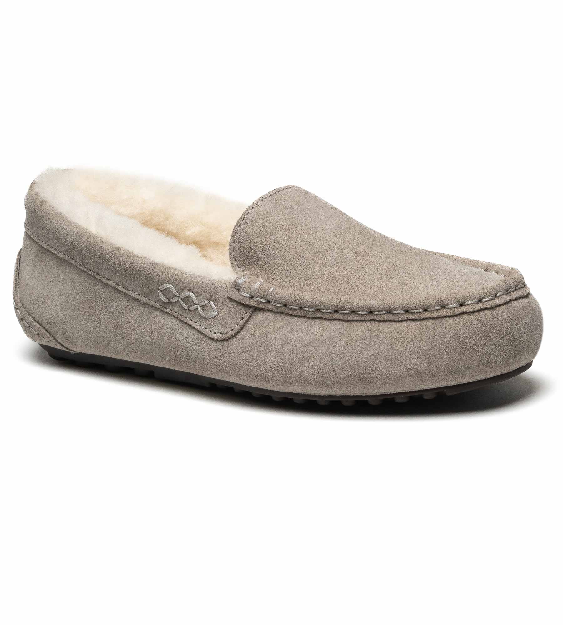 Women s MOCASSIN Stone grey colour shearling sheepskin slippers Stone size 9